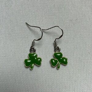 Green clover earrings, white gold plated hooks. .5” Shamrock St. Patrick’s day